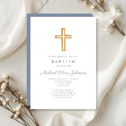 Invitation Croix Religieuse Baptême Garçon Bleu Poussiéreux