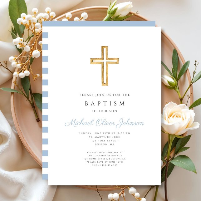 Invitation Croix religieuse Bébé Bleu Script Garçon Baptême (Religious Cross Baby Blue Script Boy Baptism Invitation)