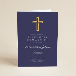 Invitation Croix Religieuse Bleu Marine Garçon Première Commu