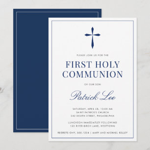 Invitation Croix Religieuse, Bleu Marine Simple et Élégant