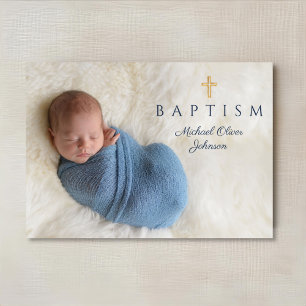 Invitation Croix religieuse bleu moderne Boy Baptism Photo