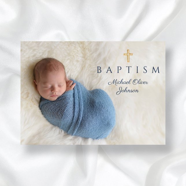 Invitation Croix religieuse bleu moderne Boy Baptism Photo (Modern Blue Religious Cross Boy Baptism Photo Invitation)