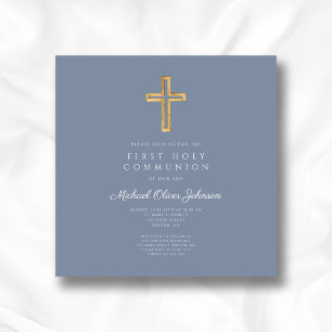 Invitation Croix religieuse bleu poussiéreux Garçon Première