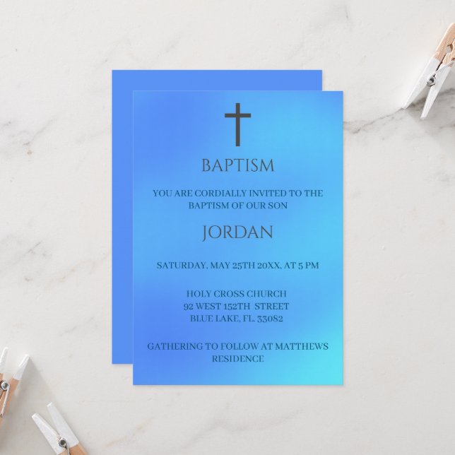 Invitation Croix Religieuse Bleue Baptême traditionnel (Devant/Arrière en situation)
