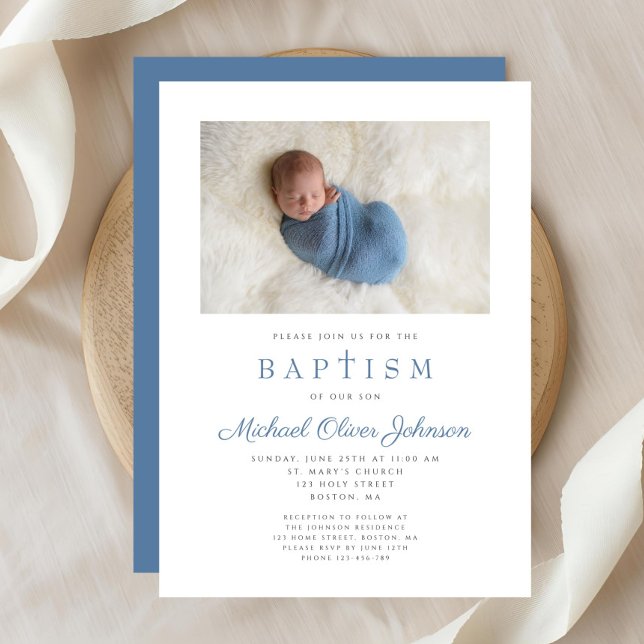 Invitation Croix Religieuse Bleue Boy Photo Baptême (Blue Religious Cross Boy Photo Baptism Invitation)