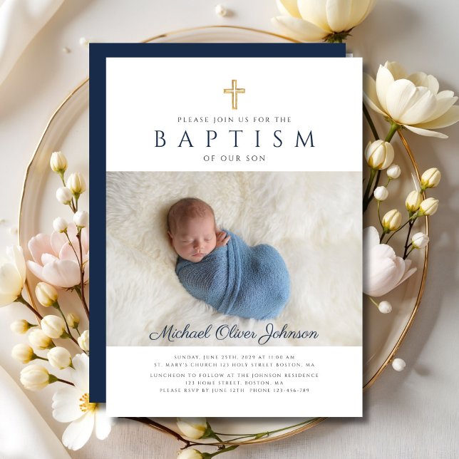 Invitation Croix Religieuse Bleue Marine Photo Boy Baptême (Navy Blue Religious Cross Photo Boy Baptism Invitation)