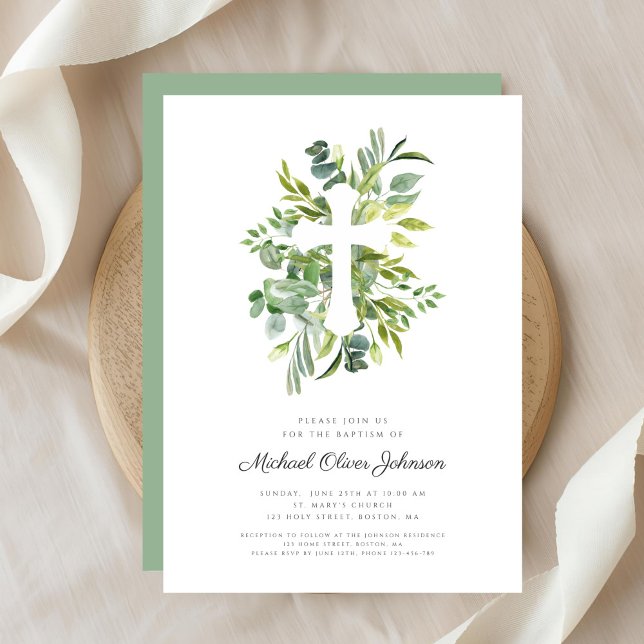 Invitation Croix religieuse botanique moderne Baptême (Modern Botanical Religious Cross Baptism Invitation)