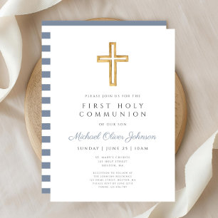 Invitation Croix religieuse Dusty Blue Boy First Communion