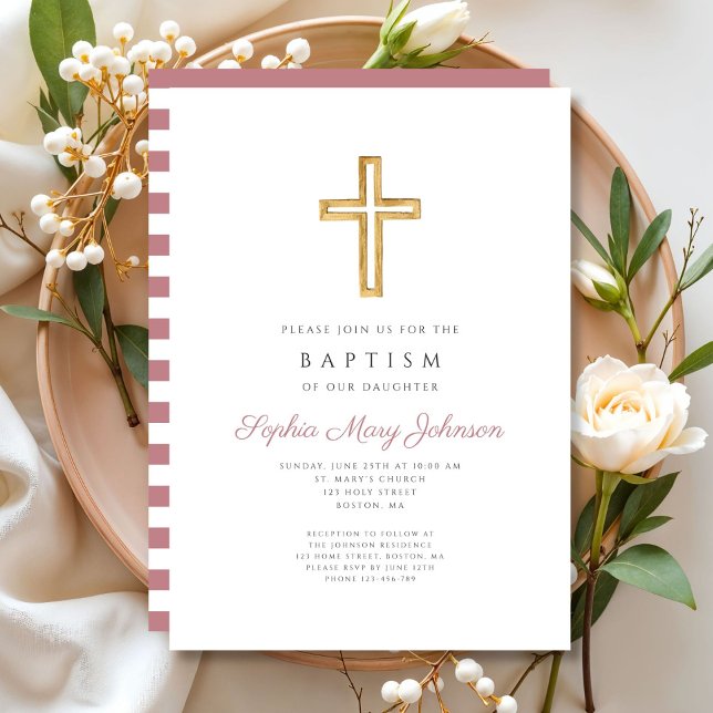 Invitation Croix religieuse Dusty rose rayures Girl Baptism (Religious Cross Dusty Pink Stripes Girl Baptism Invitation)