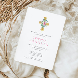 Invitation Croix Religieuse Élégante Fille Florale Rose Baptê