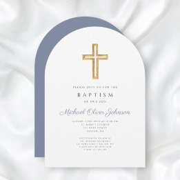 Invitation Croix Religieuse Garçon Baptême Script Bleu Poussi