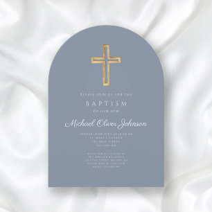 Invitation Croix religieuse moderne bleu poussiéreux garçon a