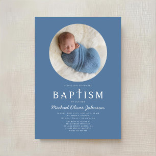 Invitation Croix Religieuse Moderne Bleue Photo Boy Baptême