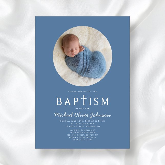 Invitation Croix Religieuse Moderne Bleue Photo Boy Baptême (Blue Modern Religious Cross Photo Boy Baptism Invitation)