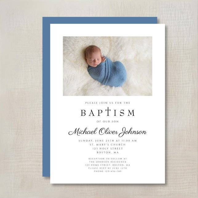 Invitation Croix religieuse Photo Bleu garçon Baptême (Religious Cross Photo Blue Boy Baptism Invitation)