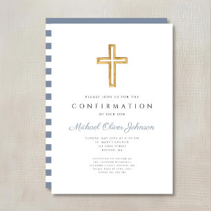 Invitation Croix religieuse rayures bleues Garçon Confirmatio