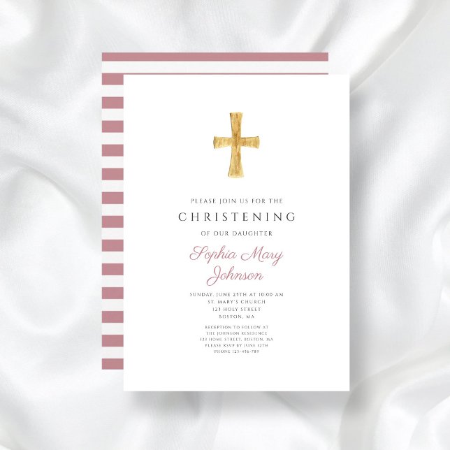 Invitation Croix religieuse rayures rose Fille Christening (Religious Cross Pink Stripes Girl Christening Invitation)
