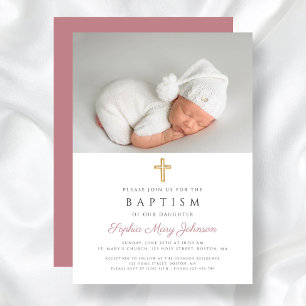 Invitation Croix Religieuse Rose Élégante Fille Photo Baptême