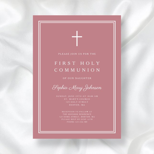 Invitation Croix religieuse rose moderne Première communion d (Modern Pink Religious Cross Girl First Communion Invitation)