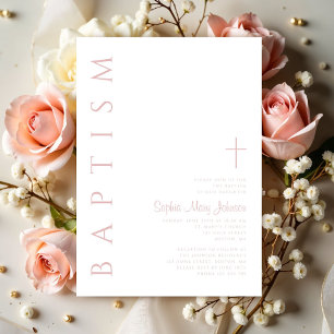 Invitation Croix Religieuse Rose Pâle Moderne Fille Baptême