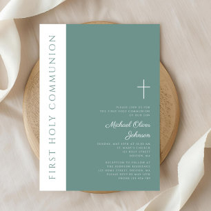 Invitation Croix religieuse verte moderne garçon Première com