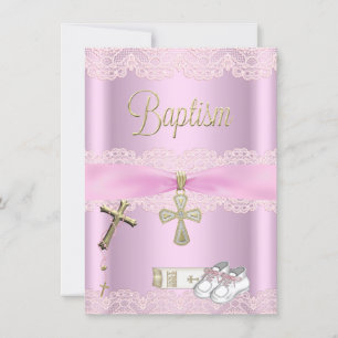 Invitation Croix rose baptême fille dentelle baptême