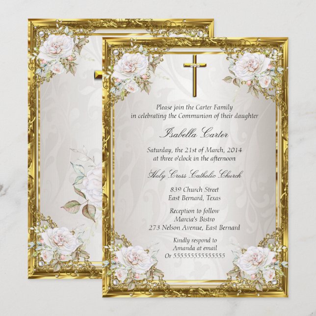 Invitation Croix Rose Communion or beige perle Damask croix (Devant / Derrière)