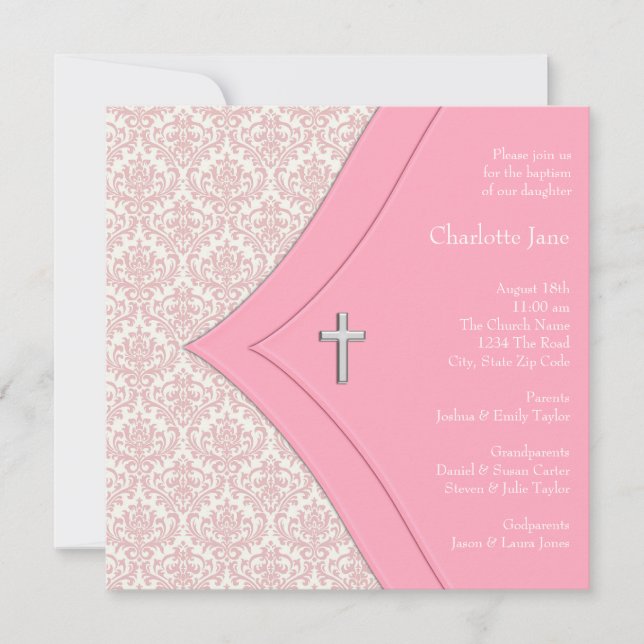 Invitation Croix rose Damask Fille Baptême Christening (Devant)