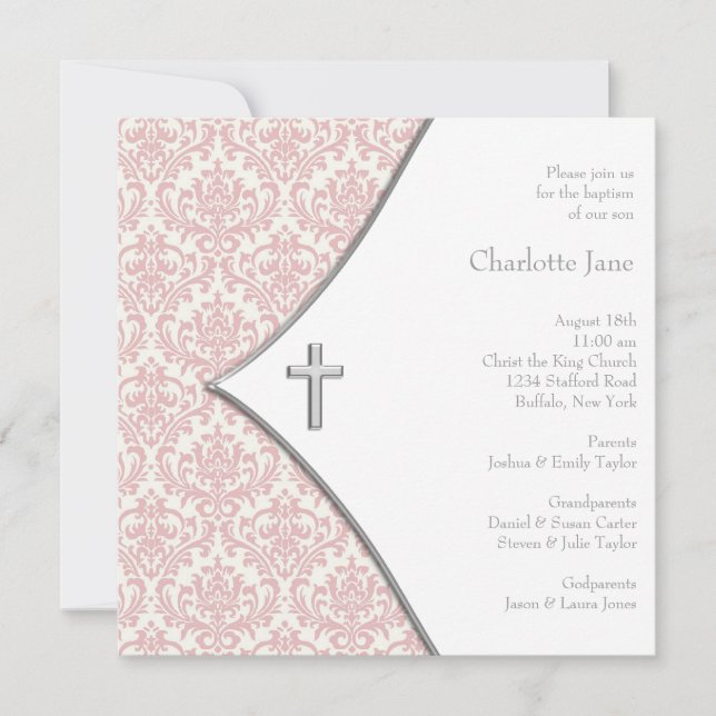 Invitation Croix rose Damask Filles Baptême Christening (Devant)