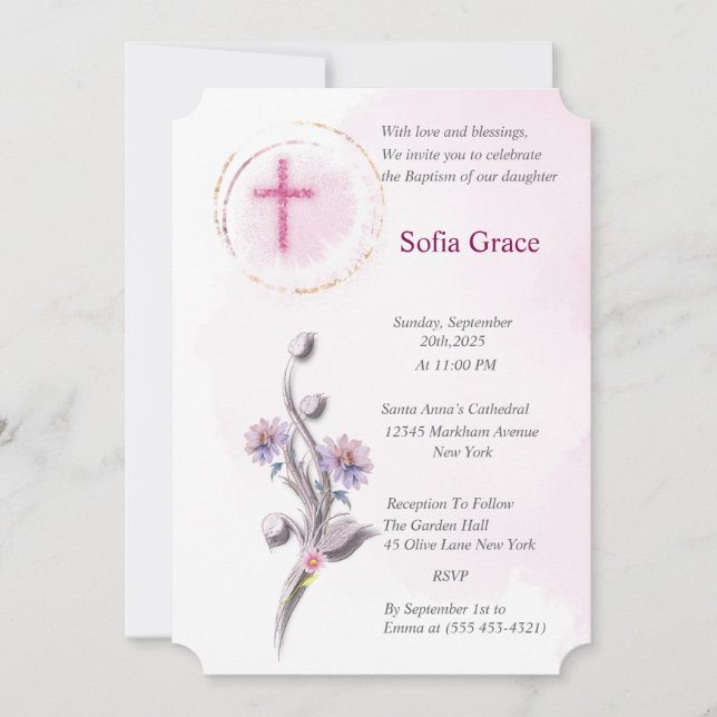 Invitation Croix rose douce & Fille florale Baptême Invitat I (Devant)