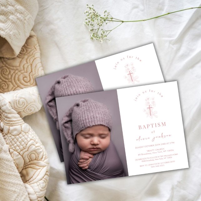 Invitation Croix Rose Dusty Christening Photo Baptême (Dusty Rose Flower Cross Christening Photo Baptism Invitation)