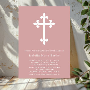 Invitation Croix rose Dusty moderne Baptême