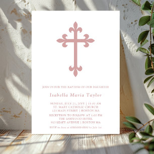 Invitation Croix rose Dusty moderne Baptême