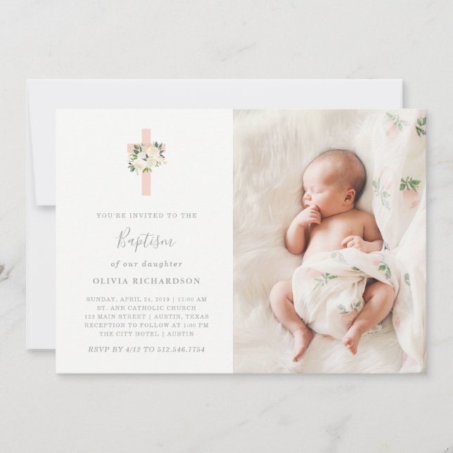 Invitation Croix rose et fleurs blanches| Photo Girl Baptism (Devant)