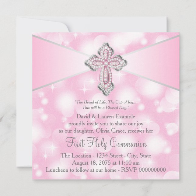 Invitation Croix rose étincelle Première communion sainte (Dos)