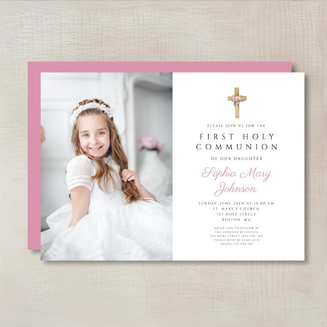 Invitation Croix rose florale fille première communion photo (Pink Floral Cross Girl First Communion Photo Invitation)