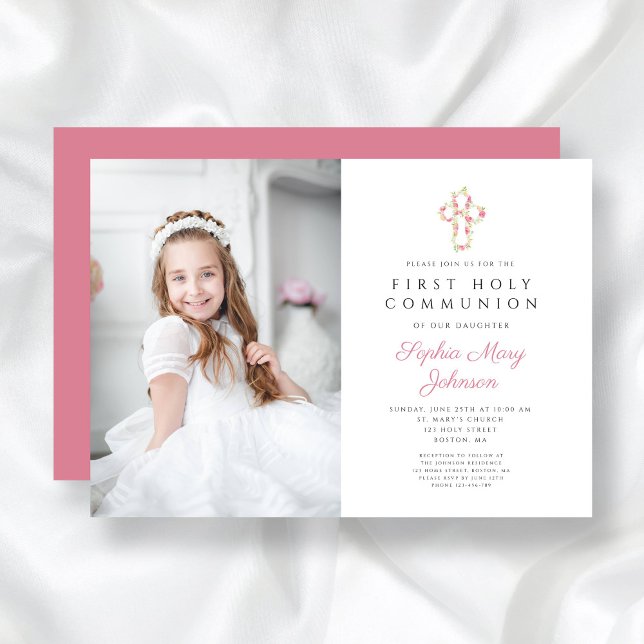 Invitation Croix rose florale fille première communion photo (Pink Floral Cross Girl First Communion Photo Invitation)