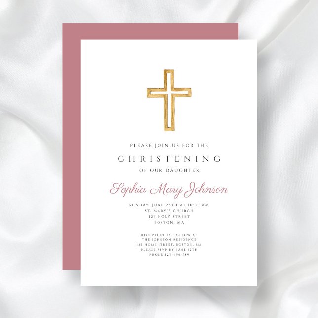 Invitation Croix rose moderne Christening fille (Modern Pink Religious Cross Girl Christening Invitation)