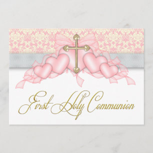 Invitation Croix Rose Or Fille Rose Première Communion