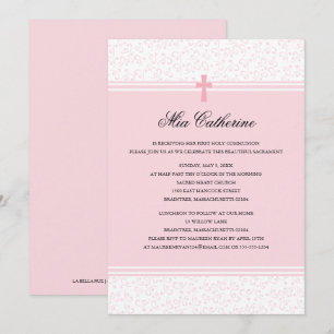 Invitation Croix rose pâle Première communion sainte Invitati