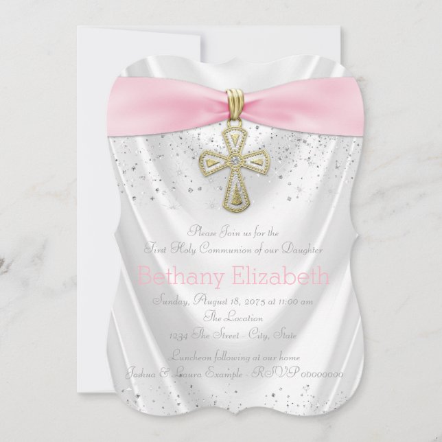 Invitation Croix rose première communion Satin blanc rose (Devant)