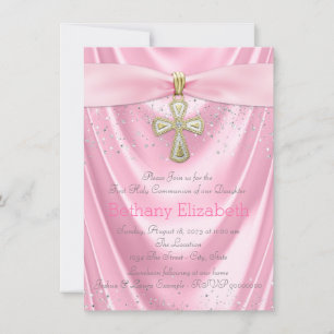 Invitation Croix rose Première communion Satin rose