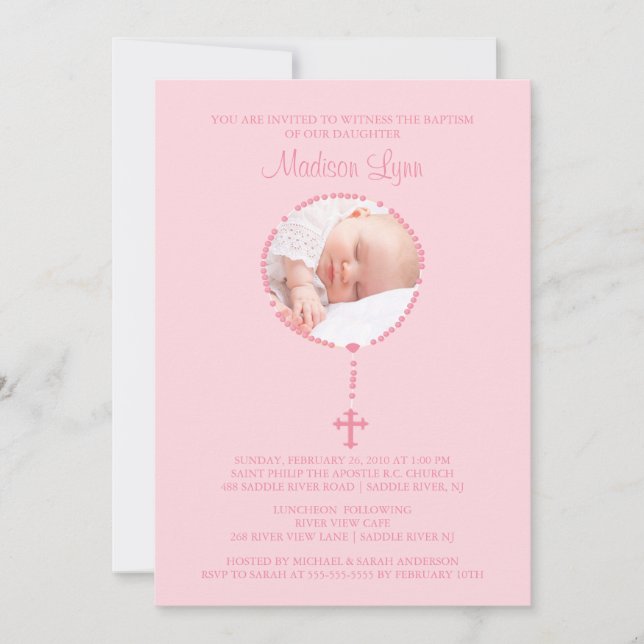 Invitation Croix rose Rosaire Photo Baptême Inviation Girl (Devant)