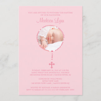 Invitation Croix rose Rosaire Photo Baptême Inviation Girl