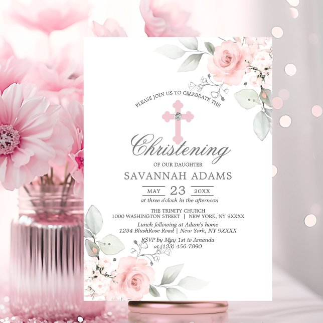 Invitation Croix rose rose rose rose de l'Aquarelle (Christening Watercolor Pink Rose Girl Cross Invitation)
