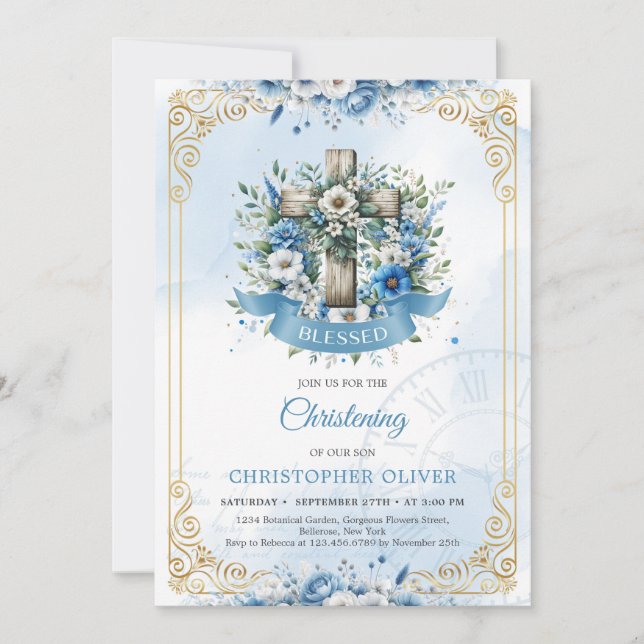 Invitation Croix rustique bleu fleurs cadre or (Devant)