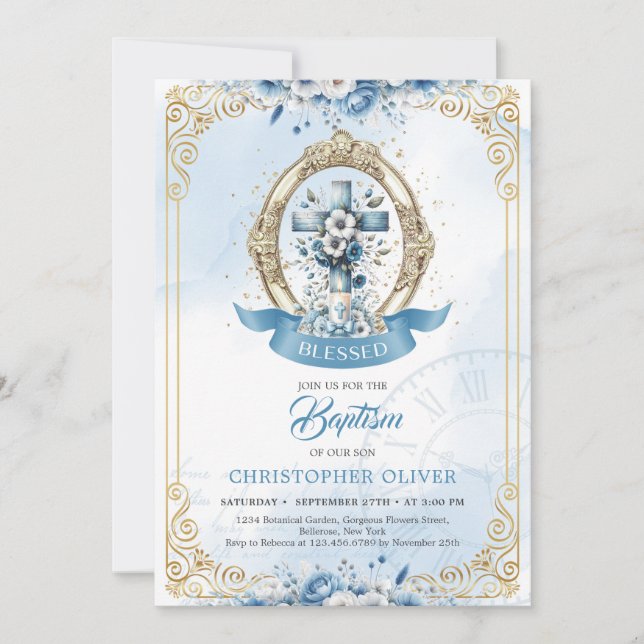Invitation Croix rustique en bois bleu et or garçon Baptême (Devant)