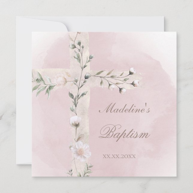 Invitation Croix sainte sur l'aquarelle rose poussiéreuse Bap (Devant)