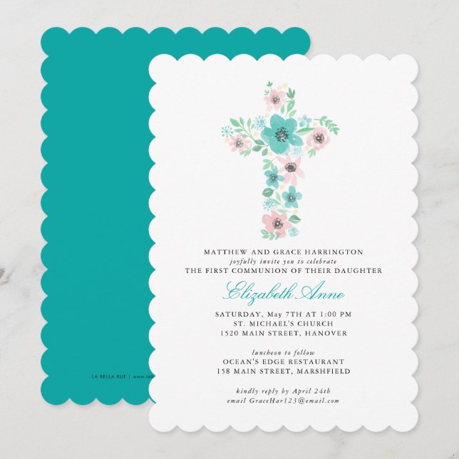 Invitation Croix turquoise de l'aquarelle Fleur première comm (Devant / Derrière)