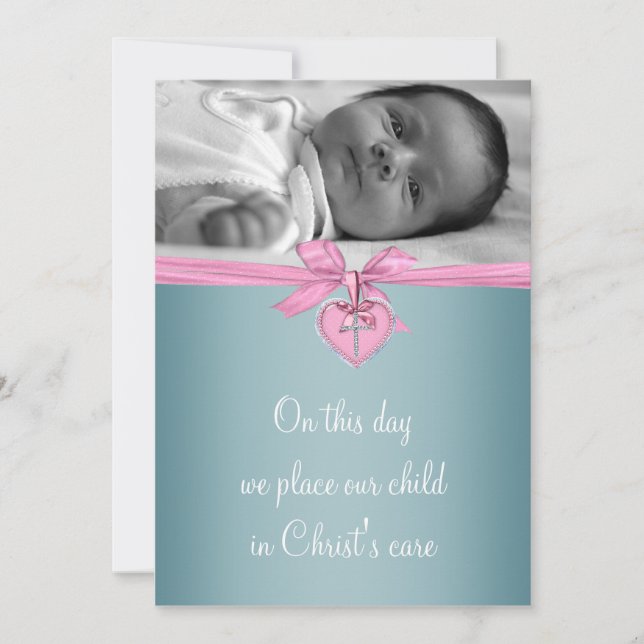 Invitation Croix Turquoise rose Bébé Fille Photo Christening (Devant)